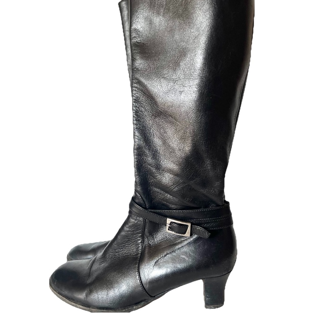 Taryn Rose Black Leather Buckle Strap Tall Knee High Heel Boots 37 / 7